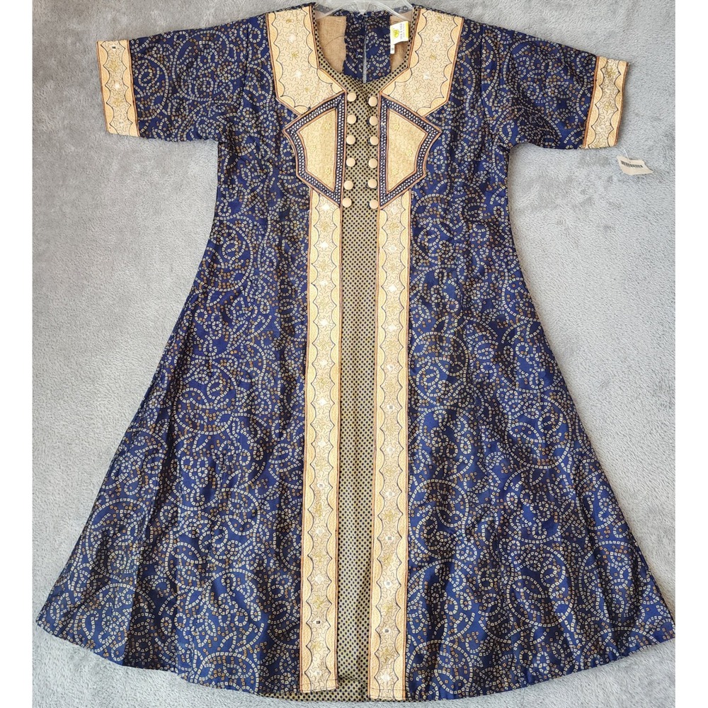 Silk & Gold Dress Womens Medium Blue Gold Bandhani Print Embroidered Midi India